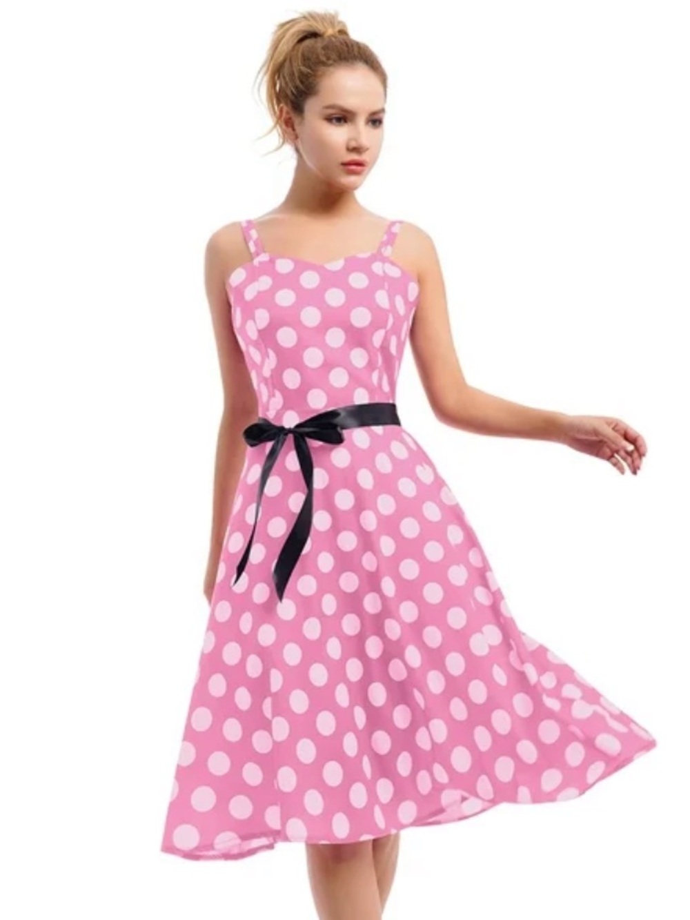NWOT Pink Polka Dot Fit & Flare Dress with Black Bow